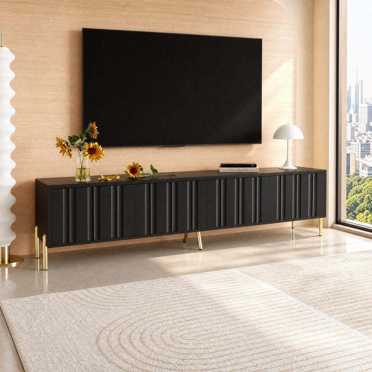 WUVRIE Tv-meubel 190 cm - 4 deuren, gouden poten en groefdesign - Zwart