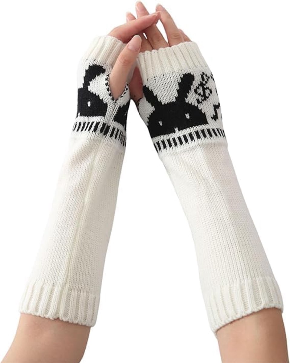 Handschoenen, wintermanchetten, lange handschoenen, vingerloze handschoenen, gebreide armwarmers voor dames en heren (wit)