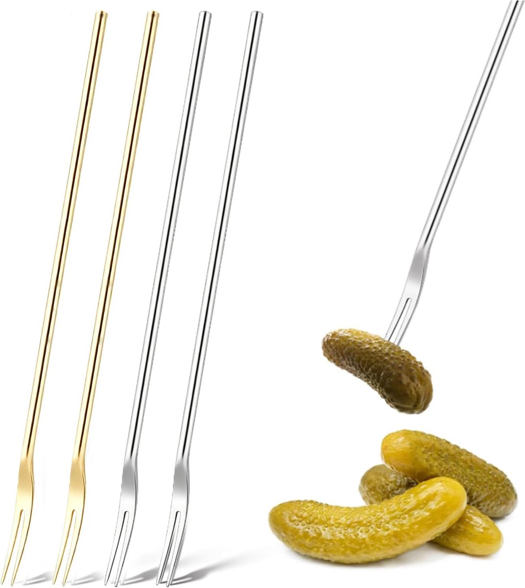 22 cm, lange handgreep, komkommervorken, 2 tanden, vorken, goud en zilver, pickle picker, grijper voor glas, cocktail, dessert, fruit, 4 stuks (goud en zilver 1)