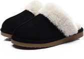 Olanly - Pantoffels Dames - Suède Zachte Winterpantoffels - Fluffy Open Sloffen met Pluche Voering - Zwart - 38-39 - Geschikt voor een voetlengte van 21.84 cm