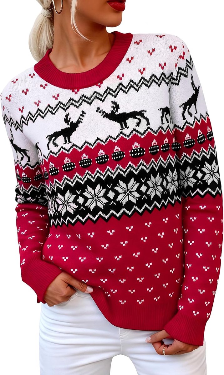 Kersttrui voor dames, kersttrui met rendierprint, warme kersttrui met lange mouwen, kersttrui, ronde hals, S-XXL