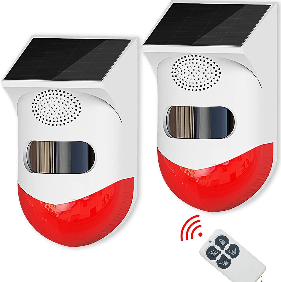 2 × Solar Bewegingssensor Alarm Buiten - 120 dB Sirene & Flitslicht - IP67 Waterdicht - PIR Bewegingsmelder 5-12 m - 110° Detectiehoek - 4 Werkmodi - 2 Afstandsbedieningen - Voor Tuin, Oprit & Garage