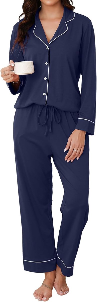 Pyjamaset Met Knoopjes, Lange V-Hals Tweedelig Lange Loungewear Huispak Pyjama Comfortabele Top En Pyjamabroek