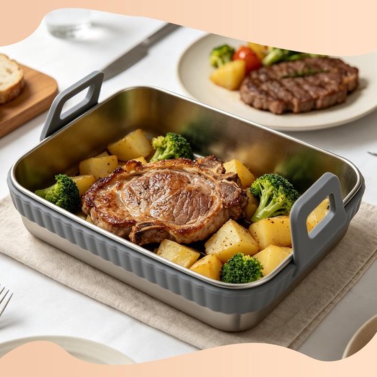 Ovenschaal voor airfryer met afneembare siliconen handgrepen, roestvrijstalen airfryer-accessoires voor AF400EU/AF500EU/DZ400EU, vaatwasmachinebestendige heteluchtfriteuse, ovenschaal voor Ninja — afbeelding 5