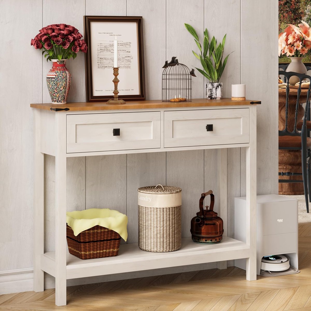 Landhaus consoletafel met 2 laden voor hal, rustieke salontafel met open plank, houten frame haltafel voor slaapkamer en woonkamer (antiek wit)