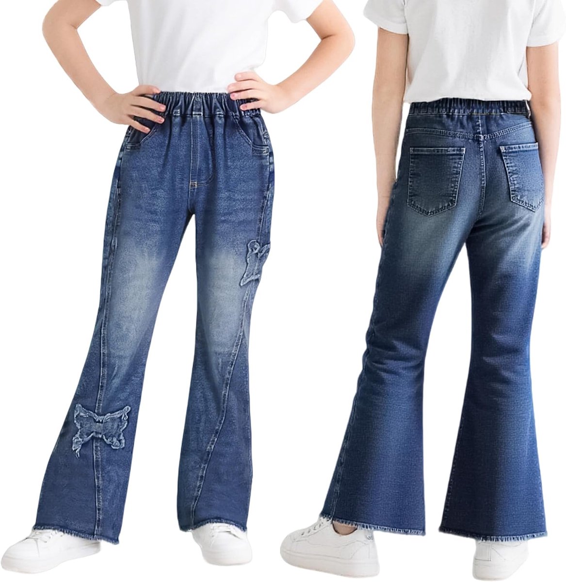Jeans Kinderbroek met Wijde Pijpen en Elastische Tailleband Jeansbroek Comfortabele Hoge Taille Bootcut Wijde Pijpen Lange Broek Modieuze Broek Tienerkleding voor 6-15 Jaar