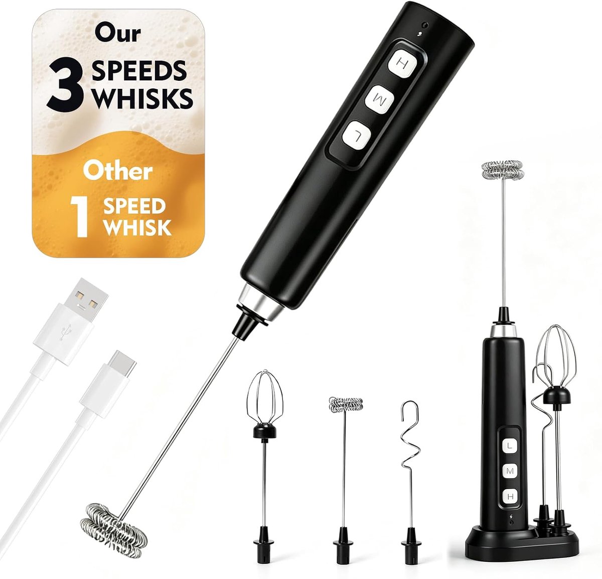 Elektrisch, Klopper Elektrisch Met USB-C Oplaadbasis, 3 Opzetstukken, Melkopschuimer Draagbaar Voor Koffie, Matcha, Chocolademelk, Slagroom, Eieren