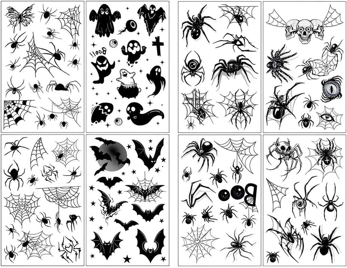 Tijdelijke griezelige tatoeages met vleermuizen en spinnenwebben, ideaal voor kostuums, make-up en Halloween-feesten, waterdicht