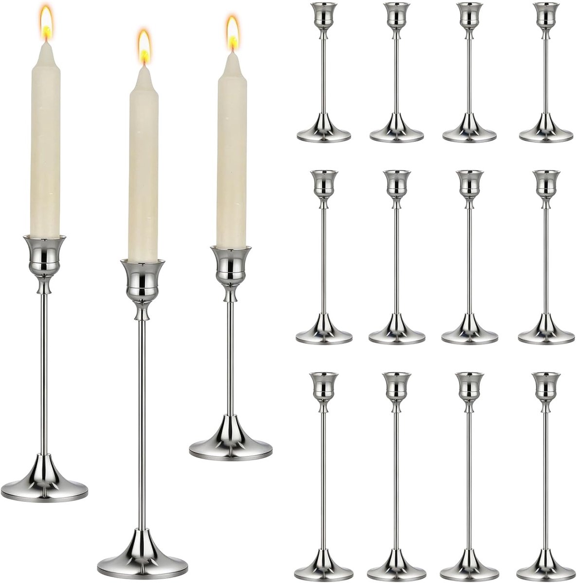 Set van 12, kandelaar, staafkaarsenhouder, zilver