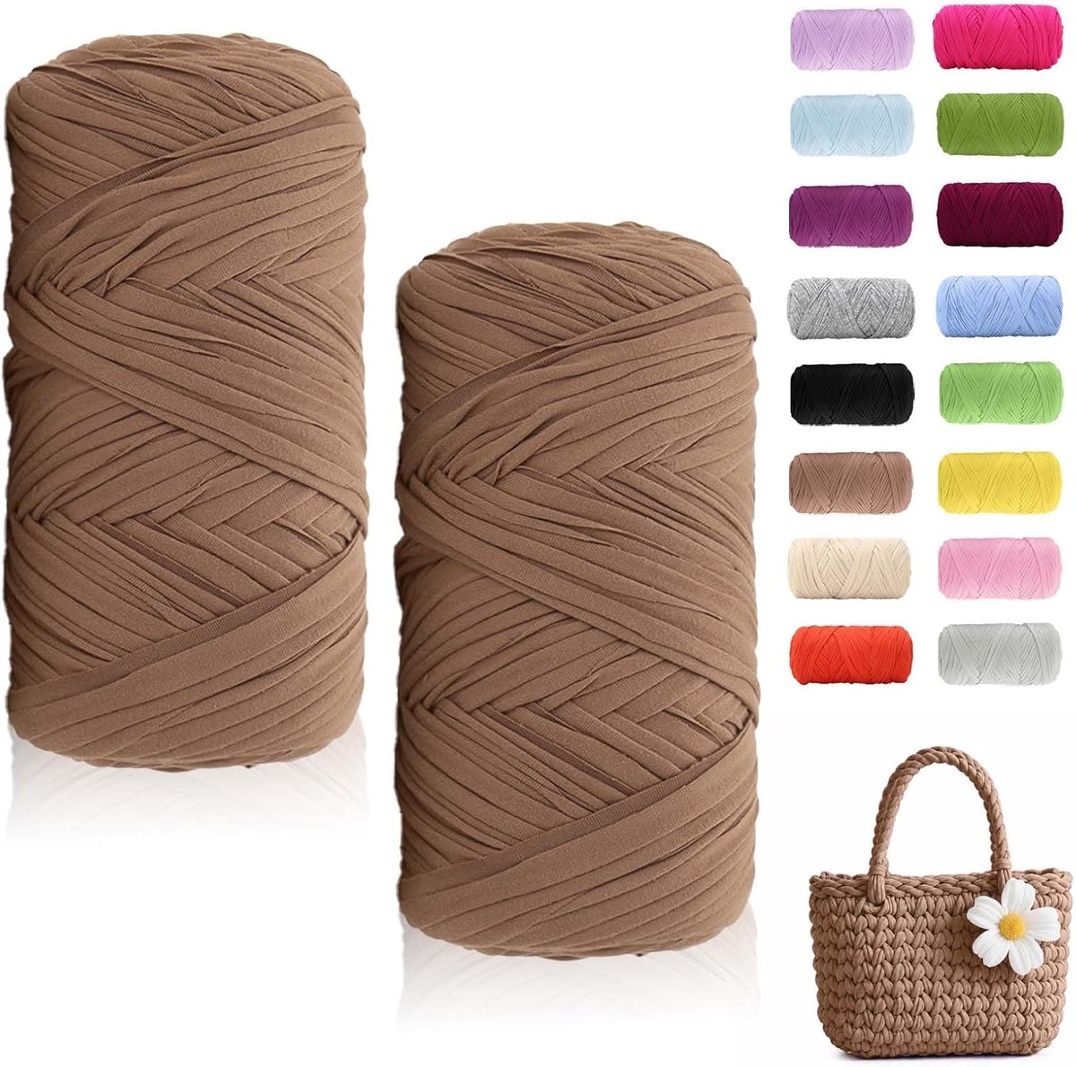2 x 200 g textielgaren, lintgaren voor breien en haken, T-shirt-garen voor haken, tassen, manden, tapijten, doe-het-zelf handwerk (donkerbruin)