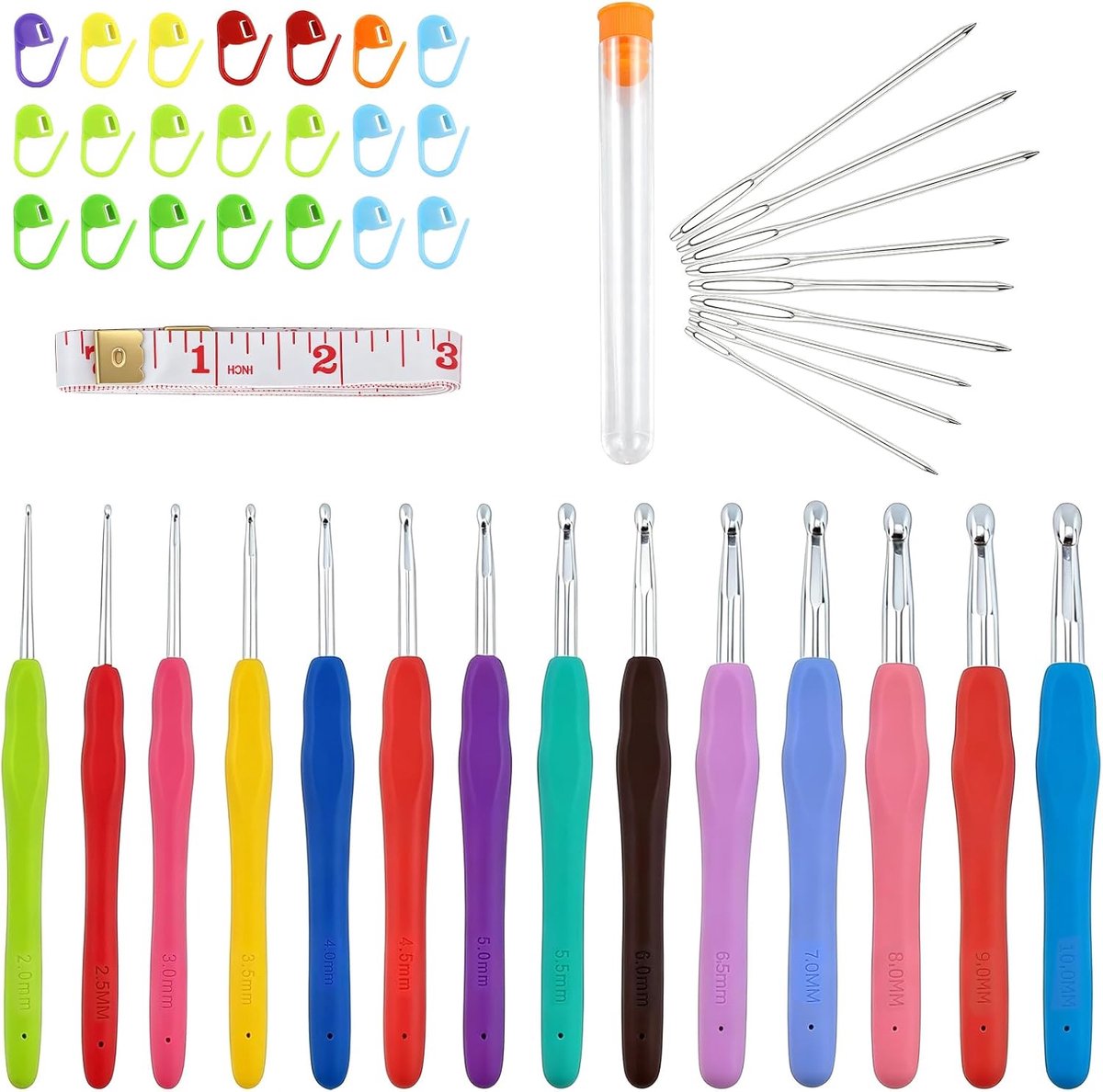 Haaknaaldenset 14 stuks levensgrote haaknaalden, 44 stuks haaknaalden voor beginners met haakaccessoires, haaknaalden, ergonomische haakset van zacht rubber (2,0 mm - 10,0 mm)