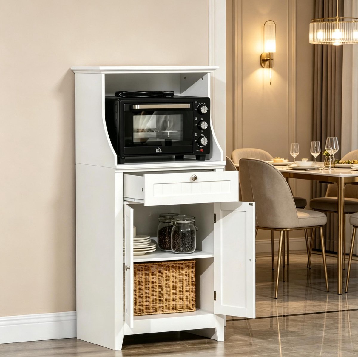 MODFU Keukenkast - Open Nis, Lade En Dubbele Deur - Tijdloos - MDF - Wit - 60 X 40 X 122,5 Cm