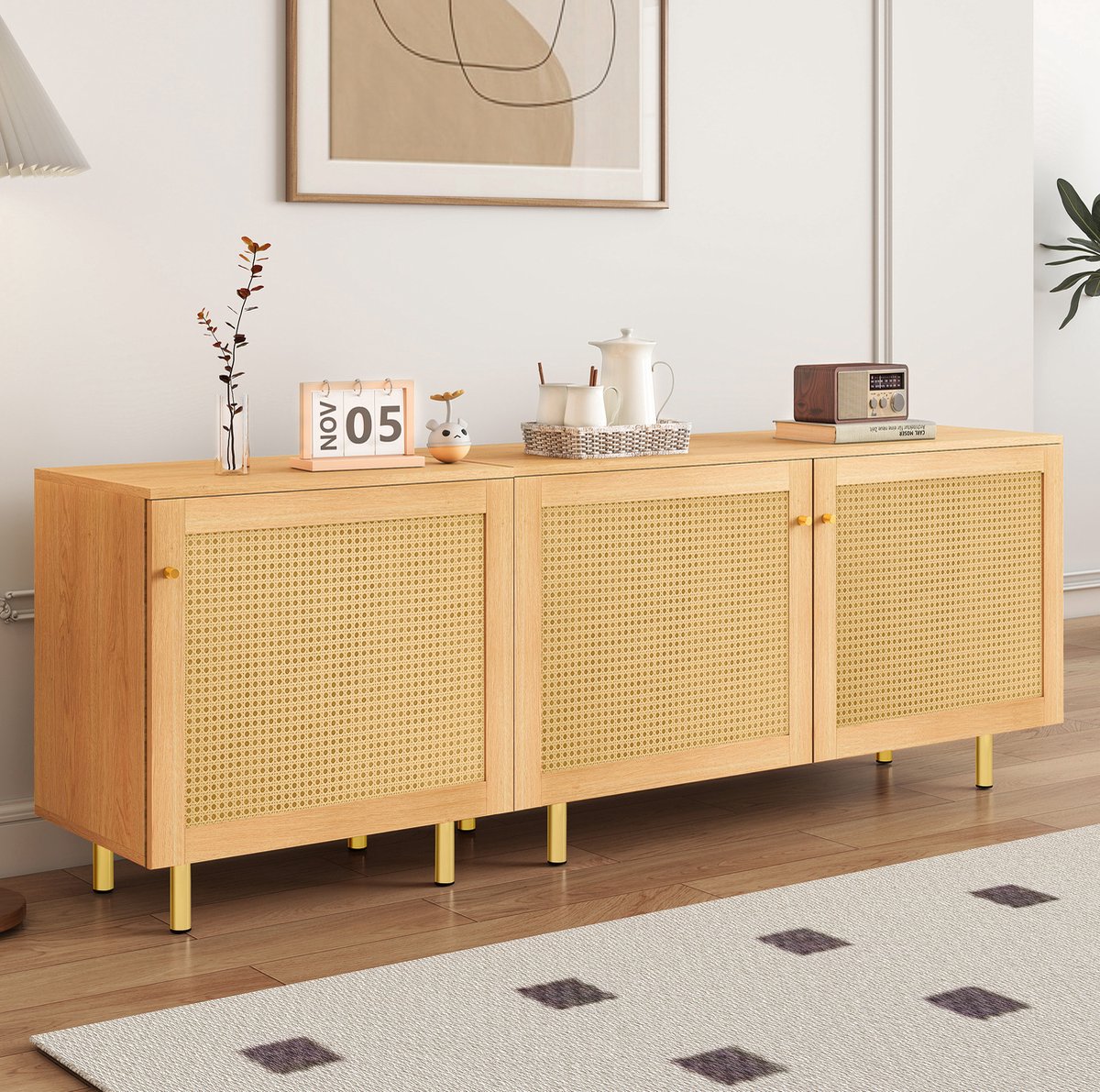 WUVRIE Modulair dressoir 180 x 40 x 63 cm - 3 deuren en legplanken - Naturel