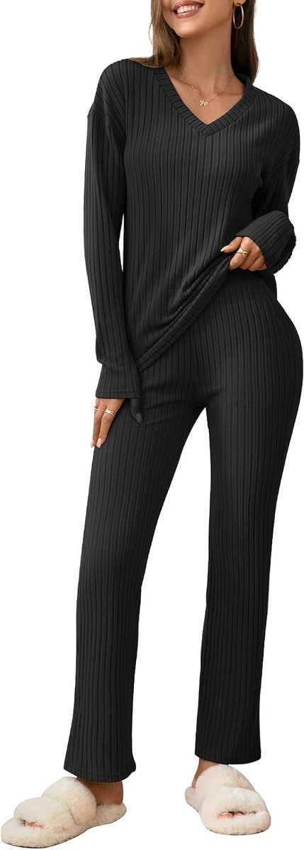 geribbeld, 2-delig, loungewear, V-hals, lange mouwen, wijde