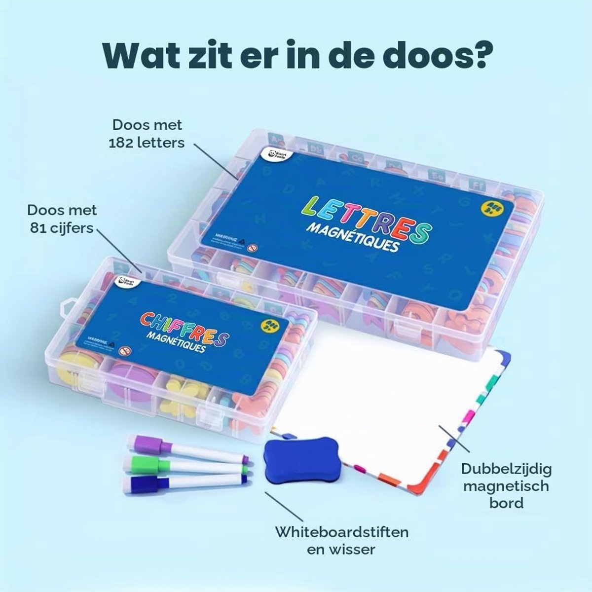 Magnetische letters en cijfers voor kinderen, 182 letters, 81 cijfers en symbolen, magneten voor kinderen, twee dozen, een magneetbord, markers en een borstel