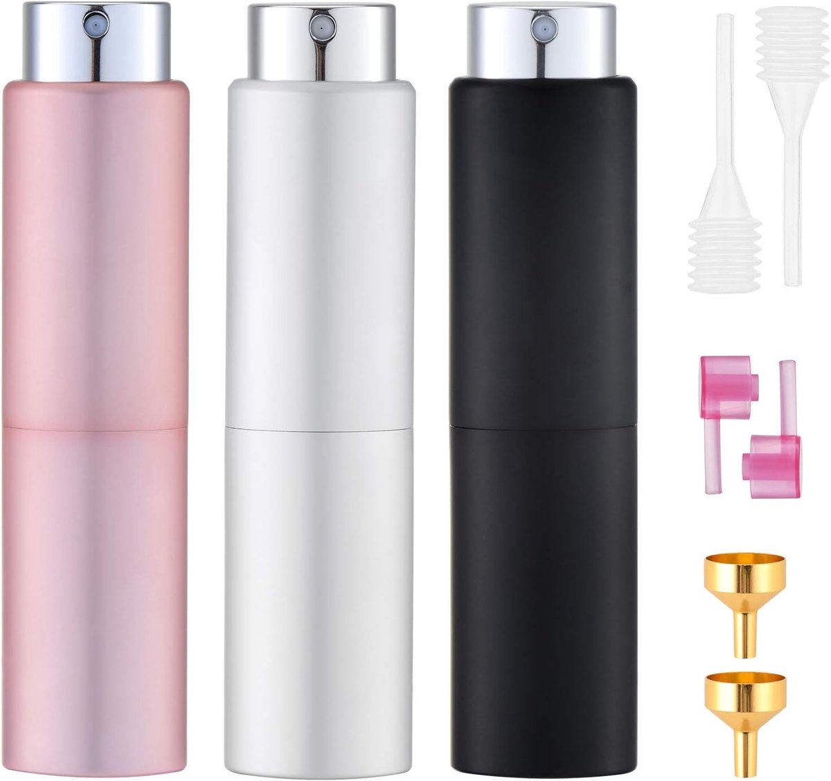 20 ml parfumverstuiver, navulbaar, leeg (3 stuks) reisparfumverstuiver voor dames en heren, reisverstuiver, fles voor onderweg (zilver, roze, zwart)