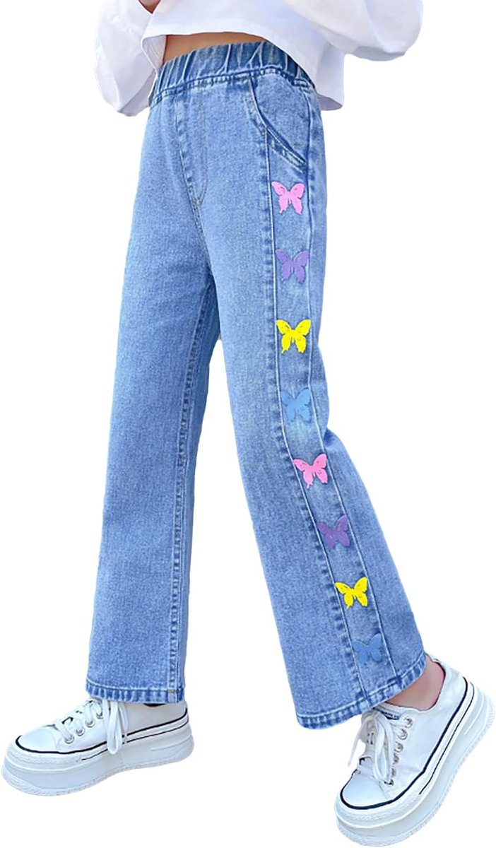 Jeans voor meisjes met losse elastische denim tailleband, blauwe spijkerbroek met modieuze scheuren