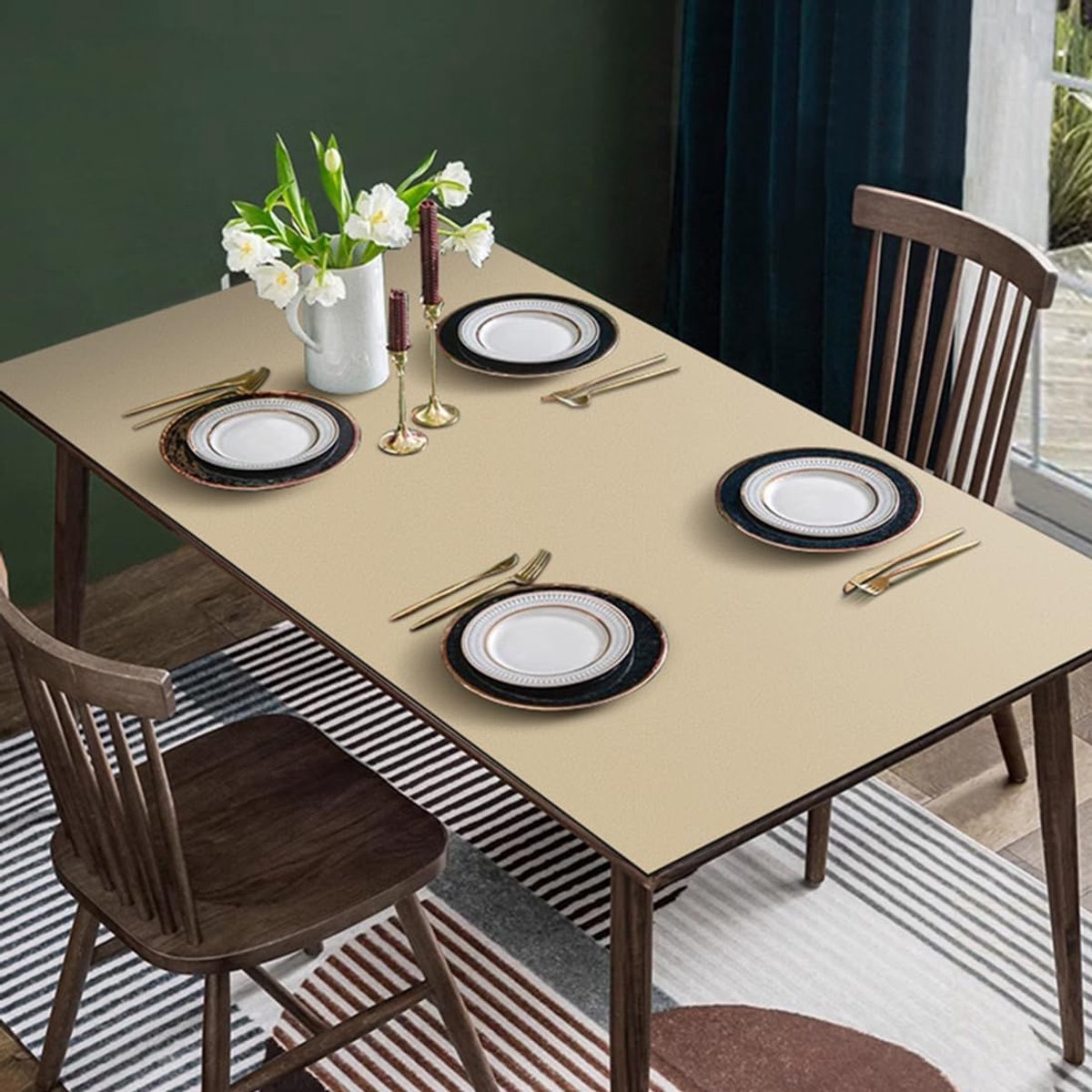 Tafelkleed van leer, waterdicht, aangroeiwerend en antislip, onderhoudsvriendelijk, beige, 90 x 180 cm