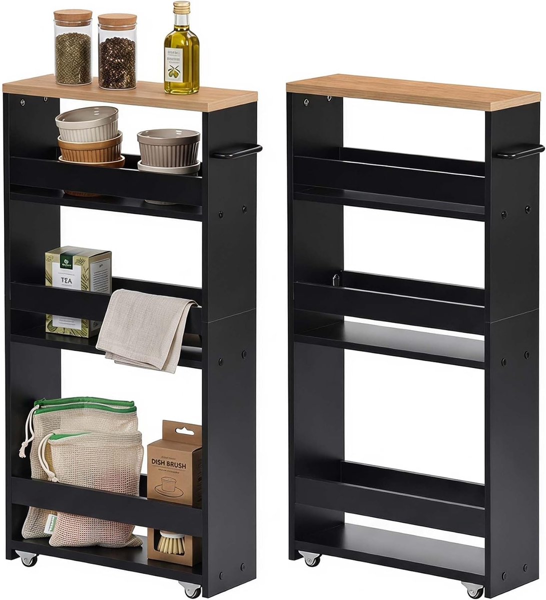 Smal zwart eiken keukenwagen 40 × 14 × 80 cm set van 2