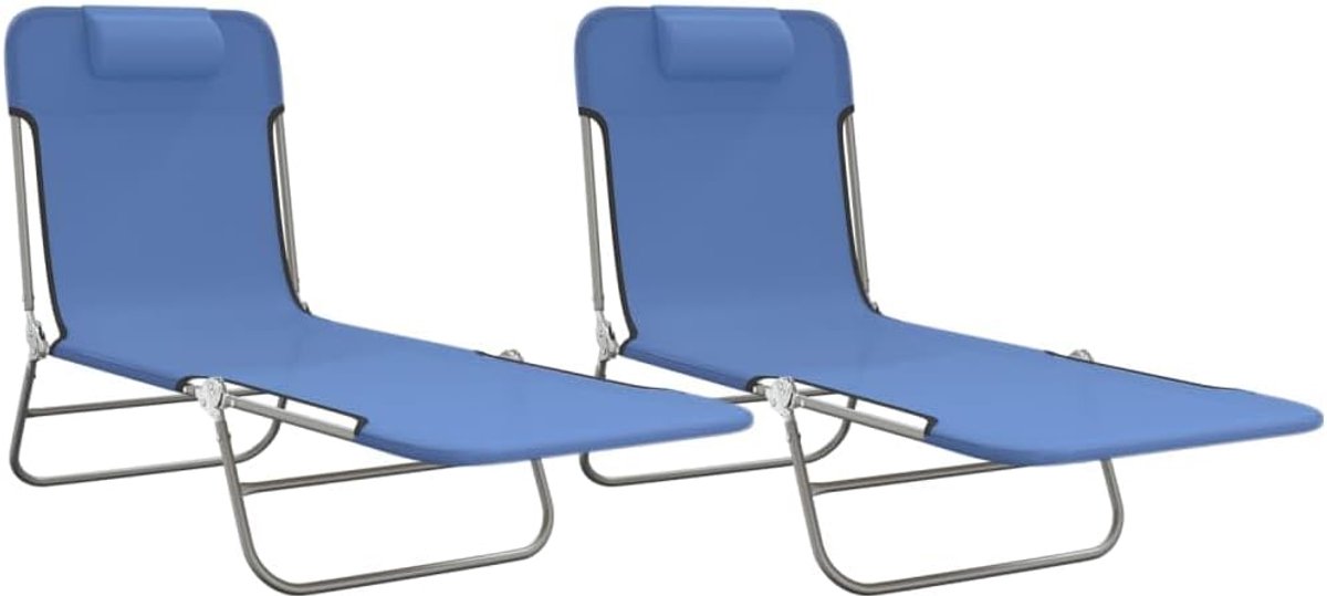 2 stuks blauwe textileen ligstoelen, opvouwbare outdoor loungestoelen met verstelbare rugleuning, gepoedercoat stalen frame, compacte opslag