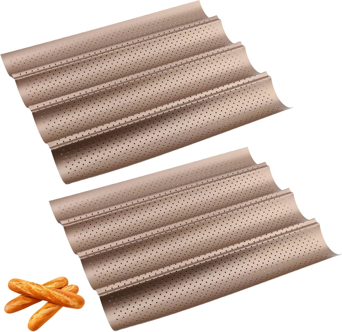 2 stuks, 38 x 33 cm, bakplaat, broodjesbakvorm met antiaanbaklaag, voor het bakken van 4 baguettes, bakken van brood (goud)