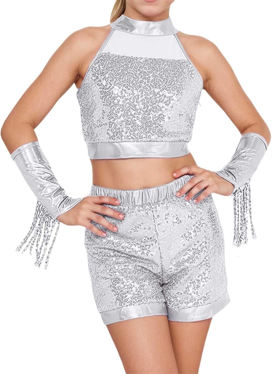 Danskostuum voor meisjes, podiumoutfit met pailletten, latin, turnpakje met pailletten, tutu-rok.