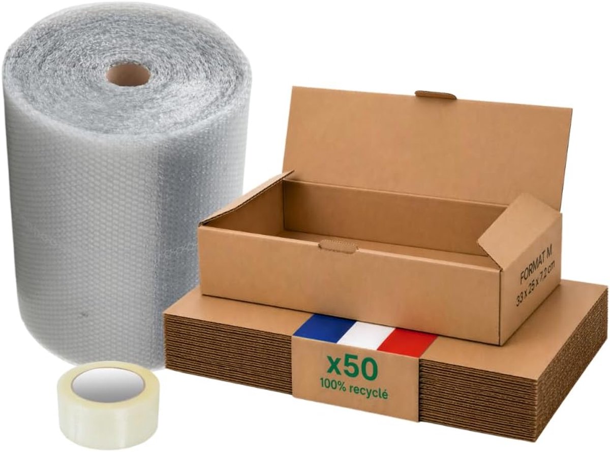 Verpakkingsdoos M - 50 stuks + bubbelfolie + lijm - 33 x 25 x 7 cm - versterkt - kleding, accessoires, documenten A4 - Life Pack