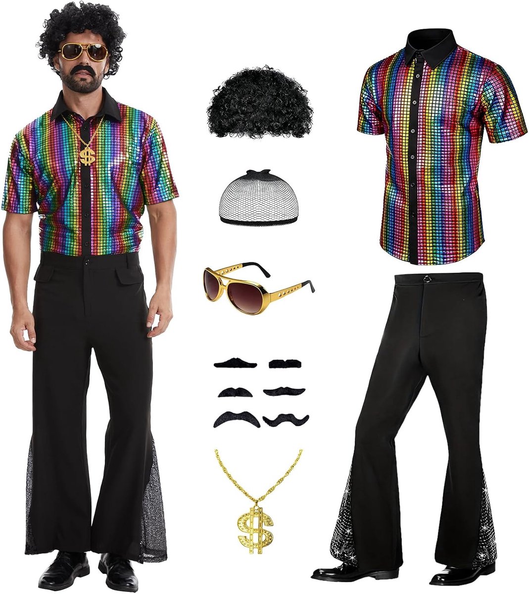 70-outfit voor heren, het discopartypak voor heren bestaat uit een overhemd met korte mouwen en een jeans voor themafeesten en Halloween.