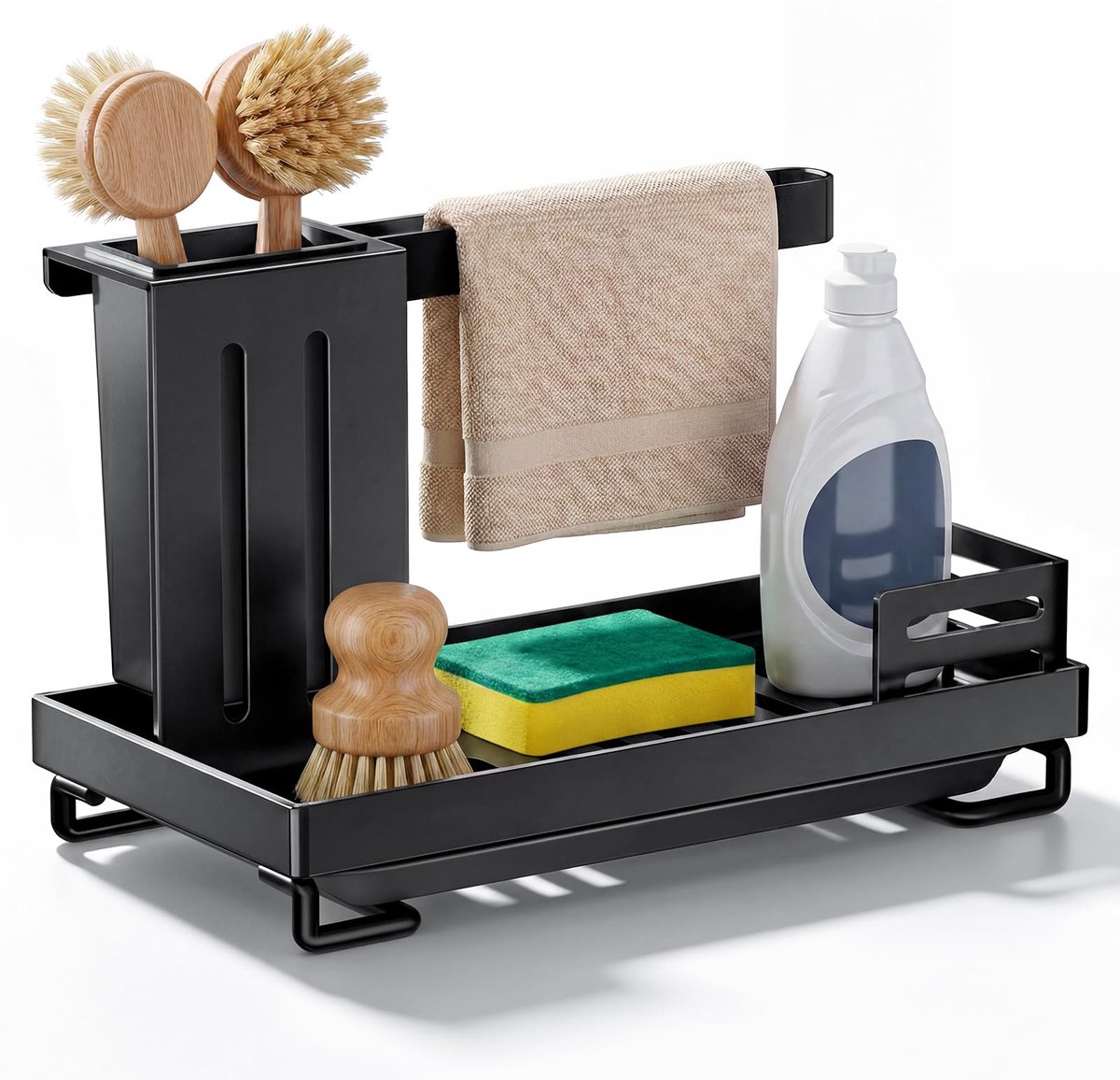 Famanu – Spoelbakorganizer, zwarte keukenspoelorganizer met afdruipbak, hol afvoeropbergrek, opvangbak voor keukenaccessoires, spons, afwaszeep, handdoeken, schrobborstel, theedoek