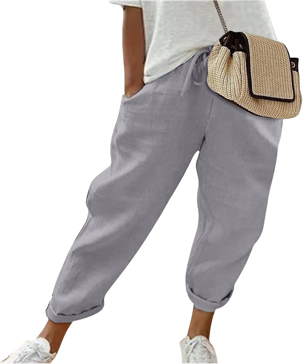 Linen damesbroek, zomer, knielang, losse hoge taille, elastisch, effen