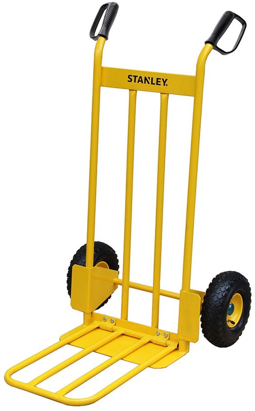 Gele Stanley steekwagen met twee zwarte wielen en inklapbaar platform.