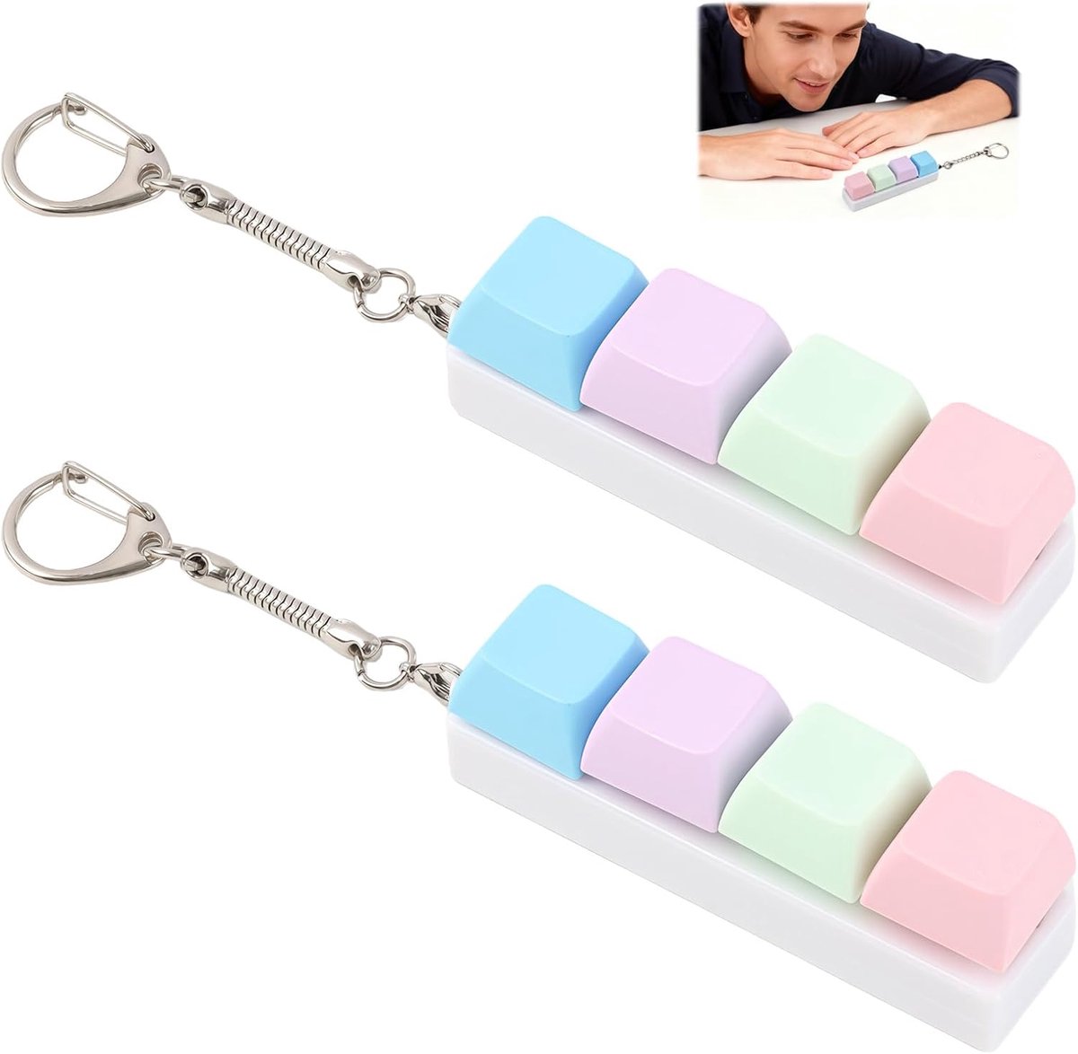 sleutelhanger met mechanisch toetsenbord met mechanische toetsen, vier kleuren, anti-stress klikknop voor volwassenen, aangenaam drukgevoel, compacte en draagbare sleutelhanger voor kantoor