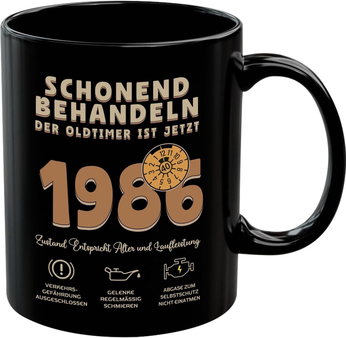 1986 Cadeau 40e Verjaardag Man, Mok Behandel deze met zorg, Oldtimer is 40, Grappige koffiemok als voor mannen, echtgenoot, vader, vriend, collega, broer, zwart, keramiek 350 ml