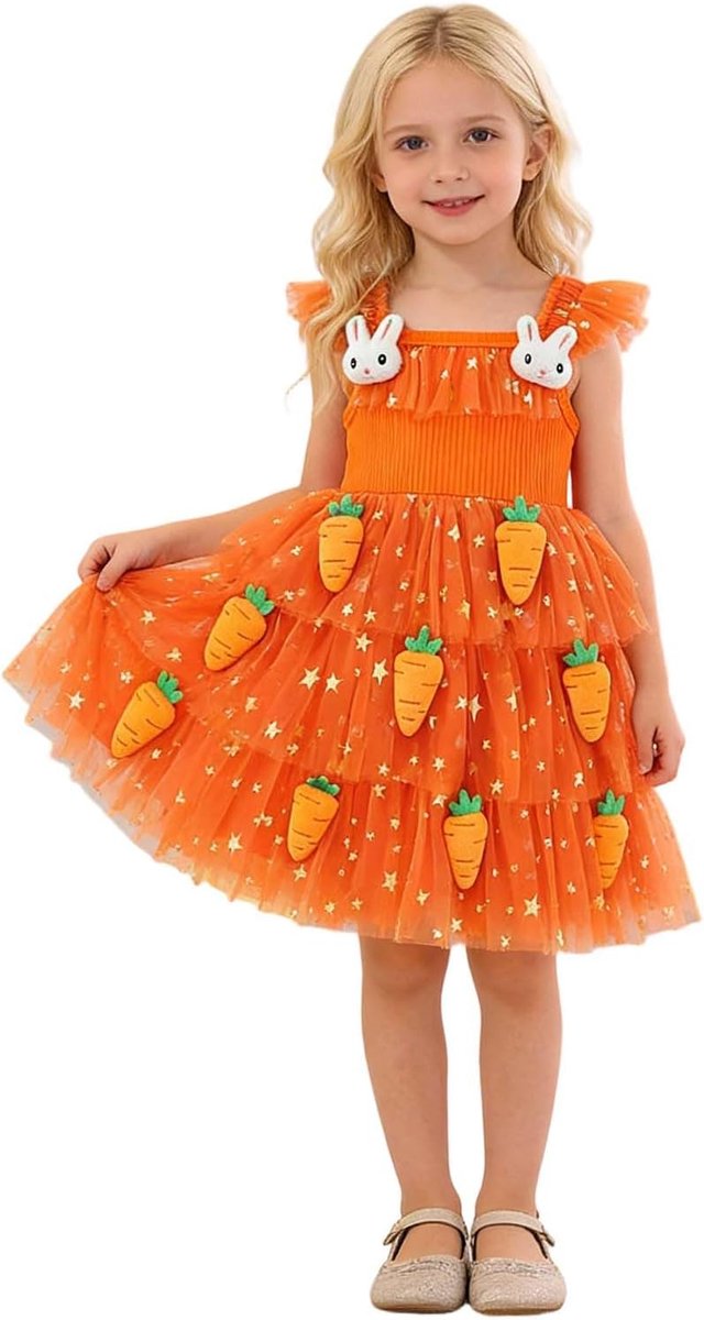 Paasjurk voor meisjes, hazenapplicatie, tutu-partyjurk met fladderende mouwen, wortelapplicatie, paasgeschenken