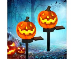 2 PCS Zonne Halloween Pompoen Pathway Lights, Waterdichte Hars Pompoen Stake Lights Zonne Halloween Decoraties Outdoor Herfst Decoratie Licht voor Tuin Buiten Tuin