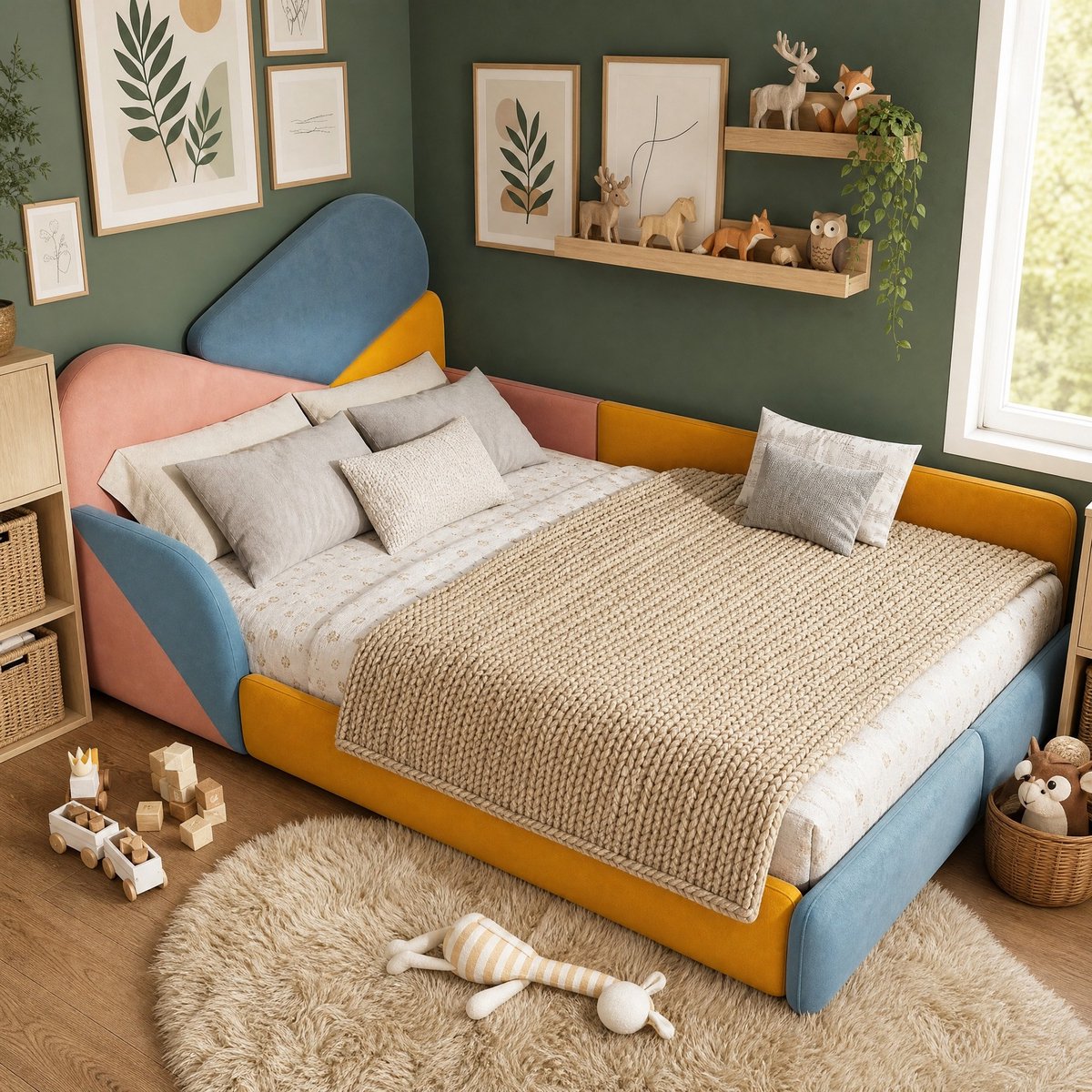 REDOM Kinderbed - Verhoogde zijpanelen - Zachte fluwelen bekleding - Lattenbodem - Laag bedframe - Blauw Roze Geel - 140 x 200 cm