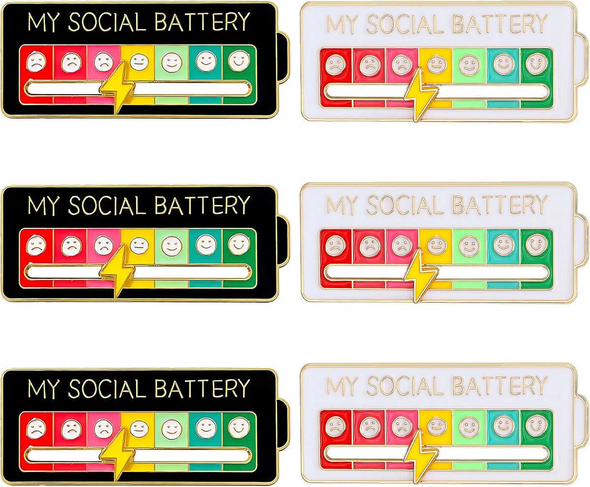 6 stuks grappige broche Social Battery Pin Set, Trendy Pin Design, My Social Battery Display, Coole Social Battery Slider met 7 emoties voor kleding, tas, jas