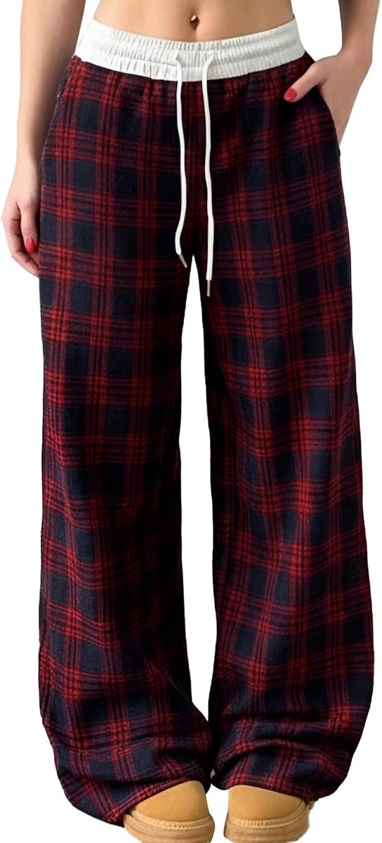 Vintage geruite broek voor dames, vrijetijdsbroek met wijde pijpen, lange joggingbroek met zakken, losse loungebroek, hoge taille, sportbroek, streetwear