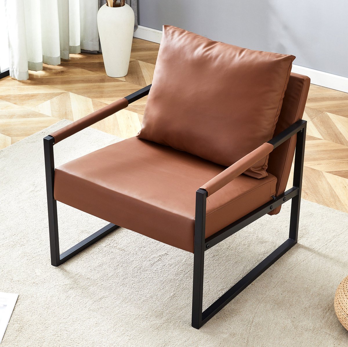 REDOM Fauteuil - Dik gevoerde zitting en rugleuning - Armleuningen - Zwart metalen frame - Industriële stijl - Kunstleer - Bruin - 68.5 x 75.4 x 75.2 cm