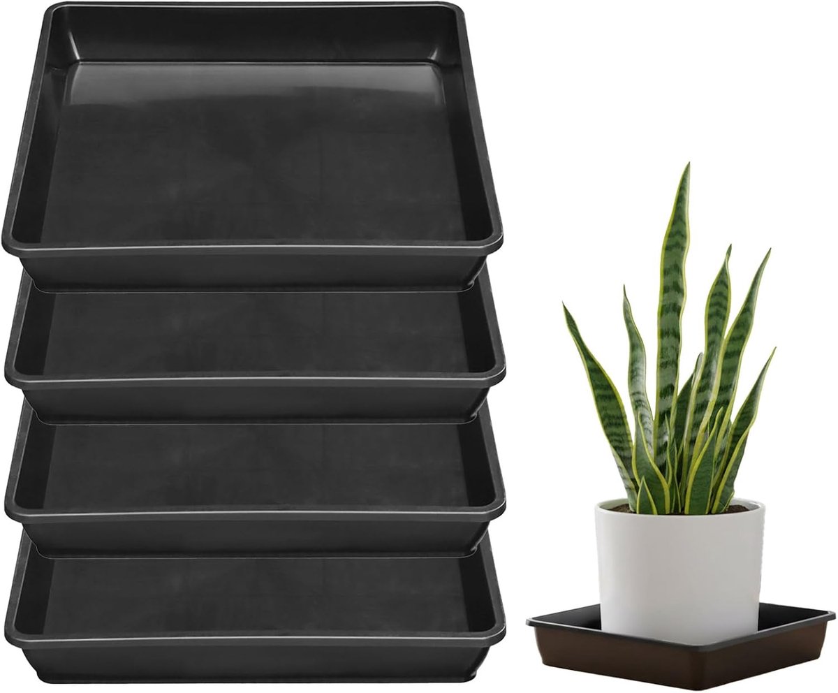4 Stuks Vierkante Plantenschotel,Kunststof Lekbak voor Planten,Sterk en Weerbestendig,Wateropvang & Beschermt Vloeren,Stapelbaar en Makkelijk Schoon te Maken voor Binnen en Buiten(M)