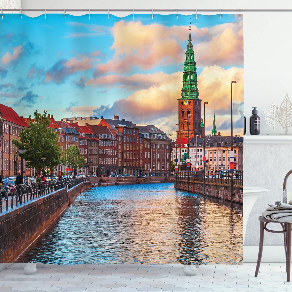 ABAKUHAUS Europa Douchegordijn, Zonsondergang van Kopenhagen, Stoffen Badkamerdecoratieset met Haken, 175 x 200 cm, Meerkleurig