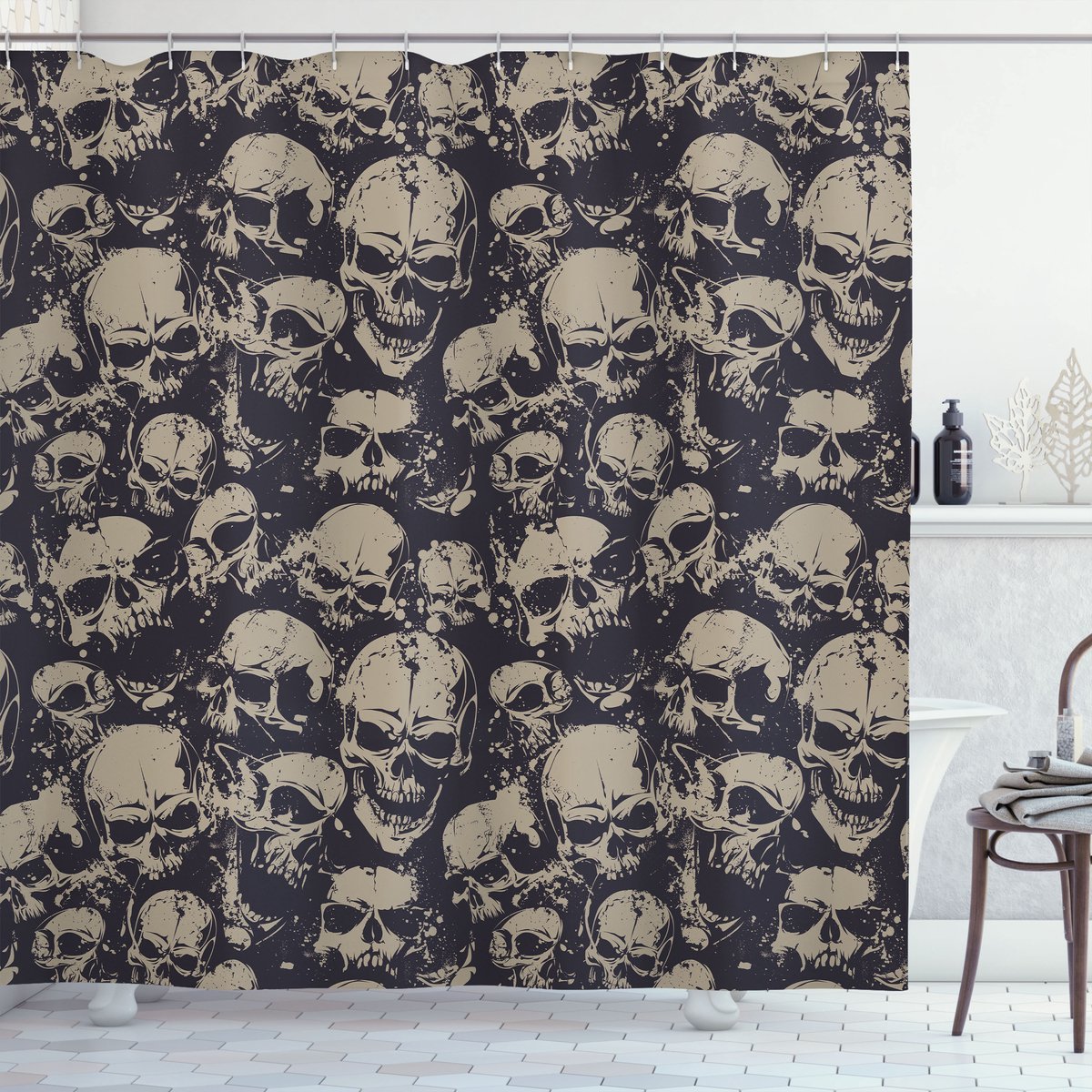 ABAKUHAUS Skull Douchegordijn, Grunge Eng Übel, Stoffen Badkamerdecoratieset met Haken, 175 x 200 cm, Houtskoolgrijs Lichtbruin