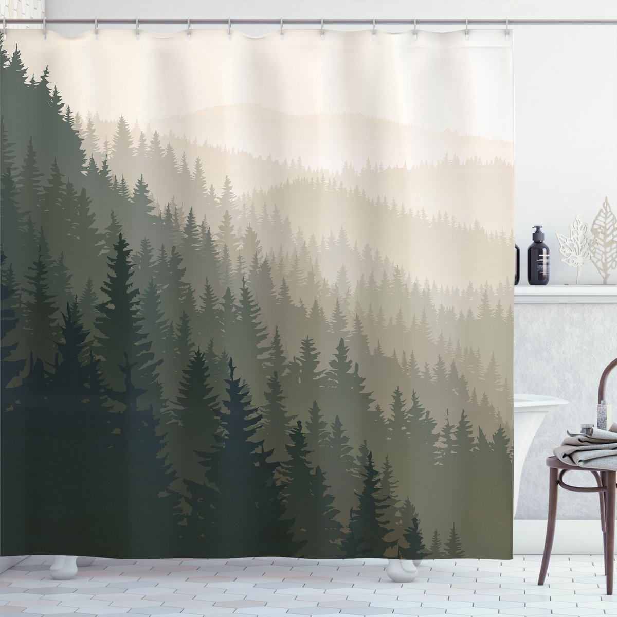 ABAKUHAUS Bos Douchegordijn, Scandinavian Natuur, Stoffen Badkamerdecoratieset met Haken, 175 x 240 cm, Donkergroen Crème Lichtbruin