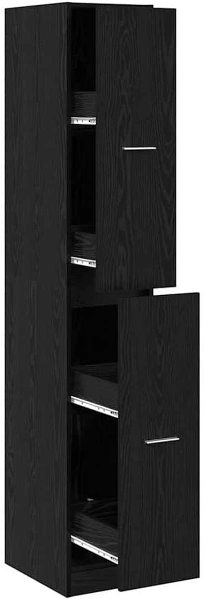 Apothekerkast zwart eikenlook 30 x 41 x 174,5 cm met vakken, smalle kast van houtmateriaal, rechthoekig design voor woonkamer, kantoor of hal, eenvoudig