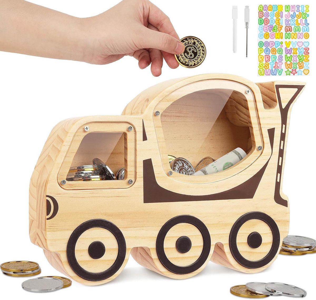 Spaarpot voor Kinderen, Spaarvarken Spaarpot Spaardozen Hout Gepersonaliseerd met Marker & Stickers voor Meisjes Jongens Kinderen - Betonmischer