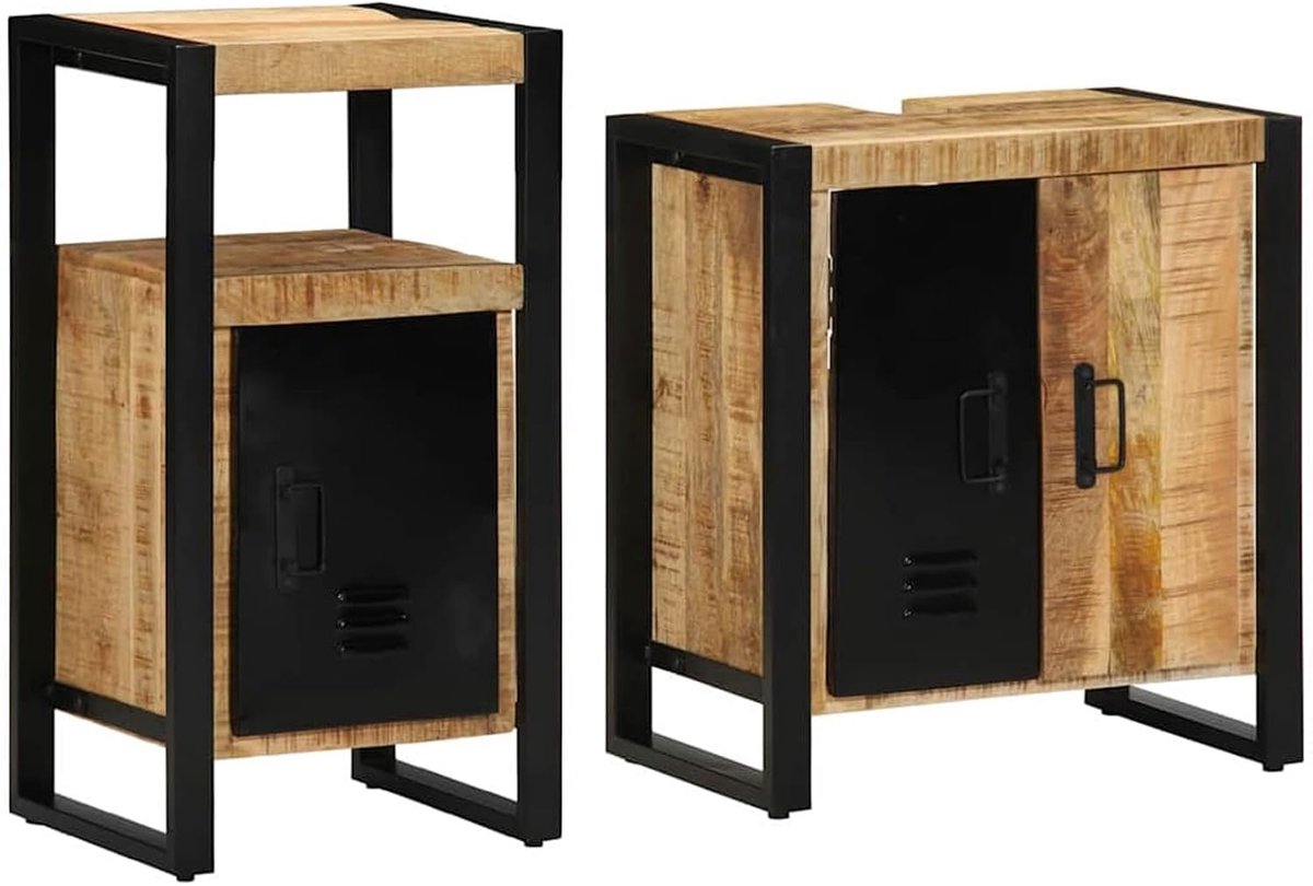 Badkamermeubelset, 2 stuks, bruin, massief, grof mangohout, badkamerkast, complete spiegelkast, hoge kast, compleet programma voor moderne badkamer 3305598