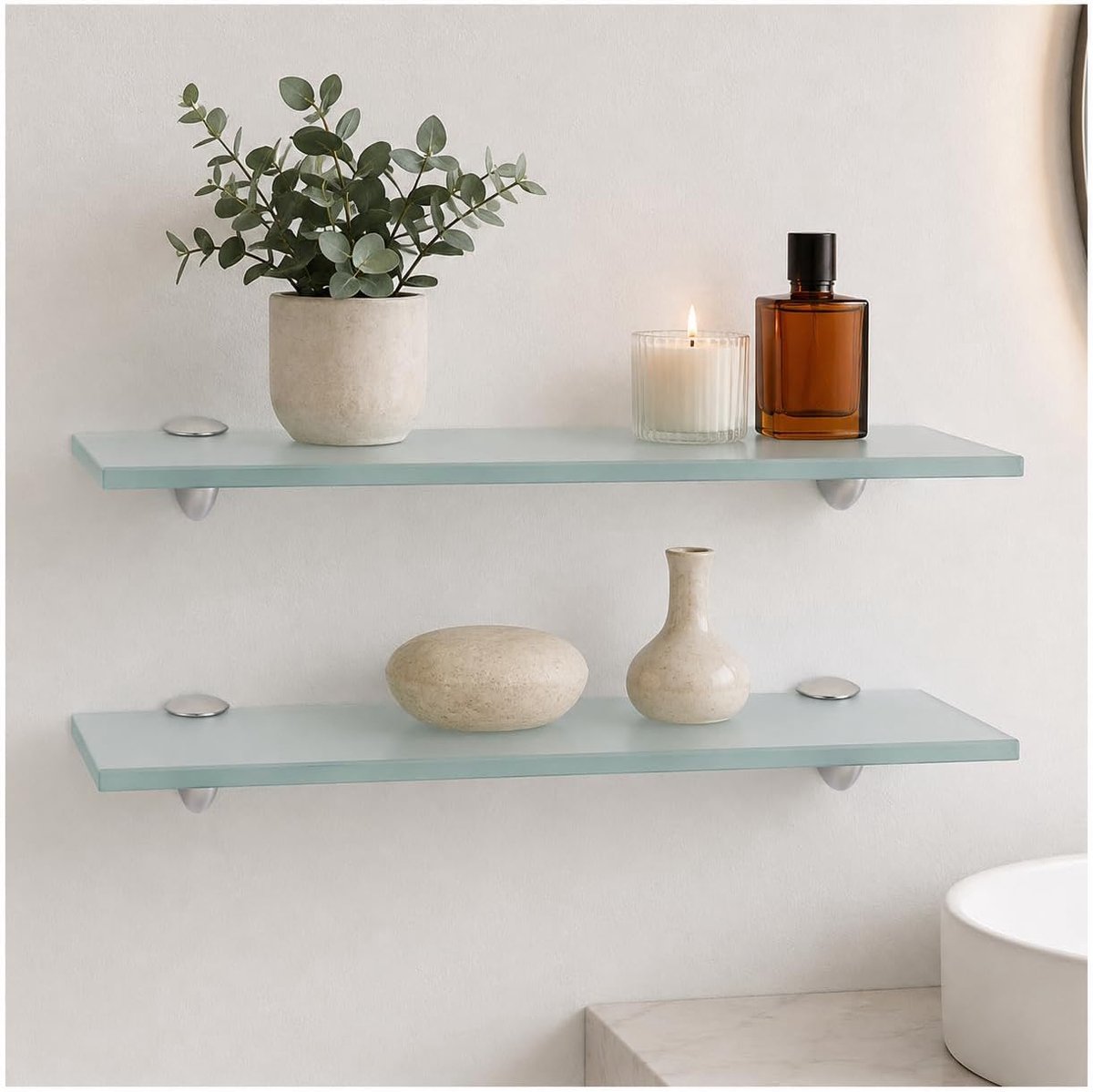 Plank, set van 2, wandplank met verstelbare houder, 8 mm ESG-veiligheidsglas, ruimtebesparende badplank voor douche, badkamer, keuken en balkon, 60 x 10 cm