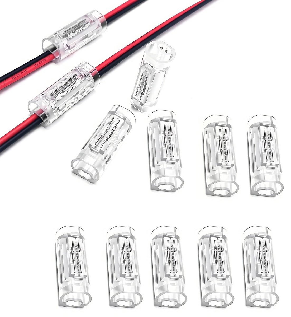 2-pins kabelverbinders, 10 stuks, transparant, soldeervrij, geschikt voor 22-20 AWG (0,5-0,6 mm²), snelkoppeling voor laagspanning, ledstrips, auto, huishouden (2 pins)