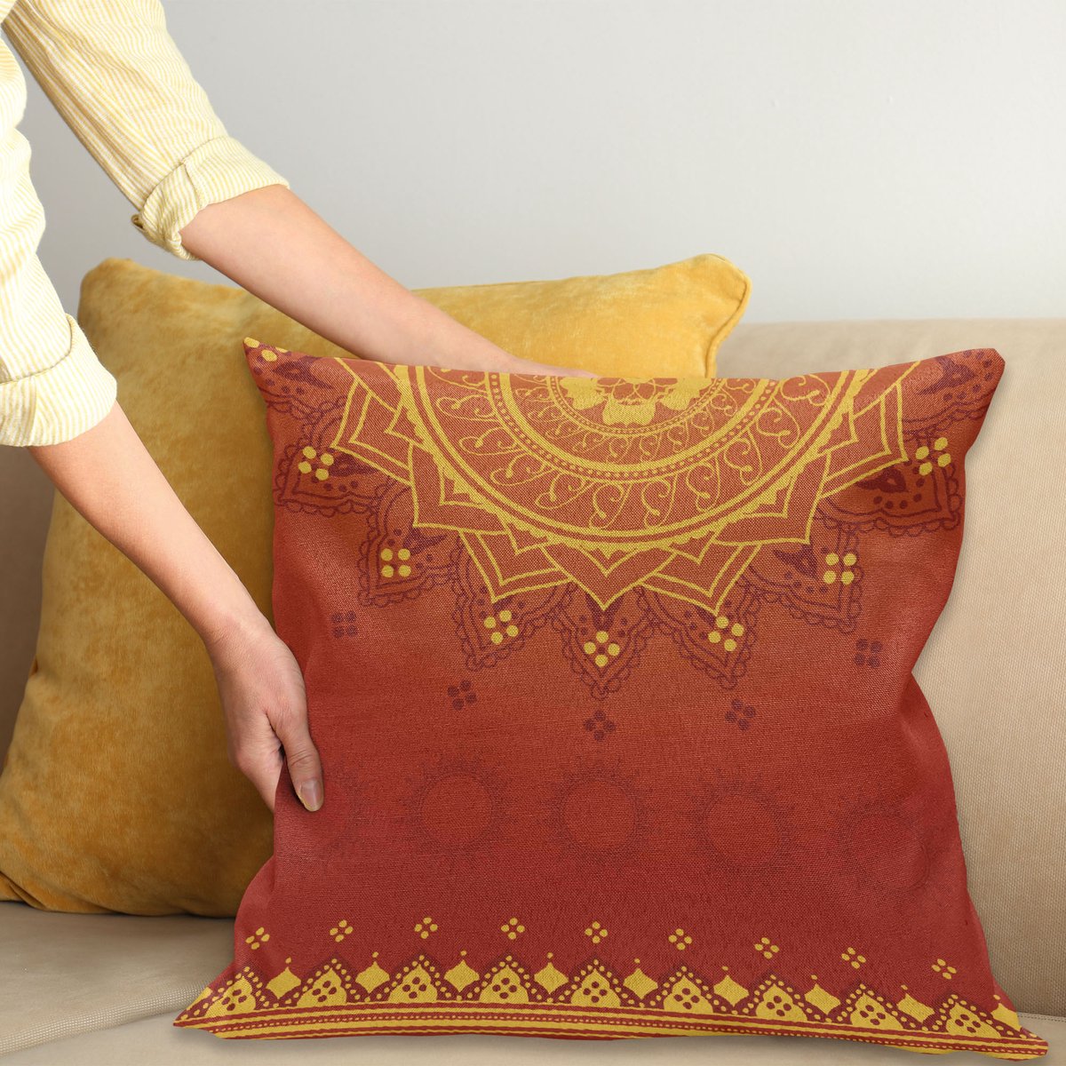 ABAKUHAUS Blad Kussenhoes, traditionelle Saree, Met Ritssluiting, Wasbaar, Dubbelzijdige Digitale Print, Heldere Kleuren, Hoogwaardige Stof, 40 x 40 cm, Goudsbloem Oranje