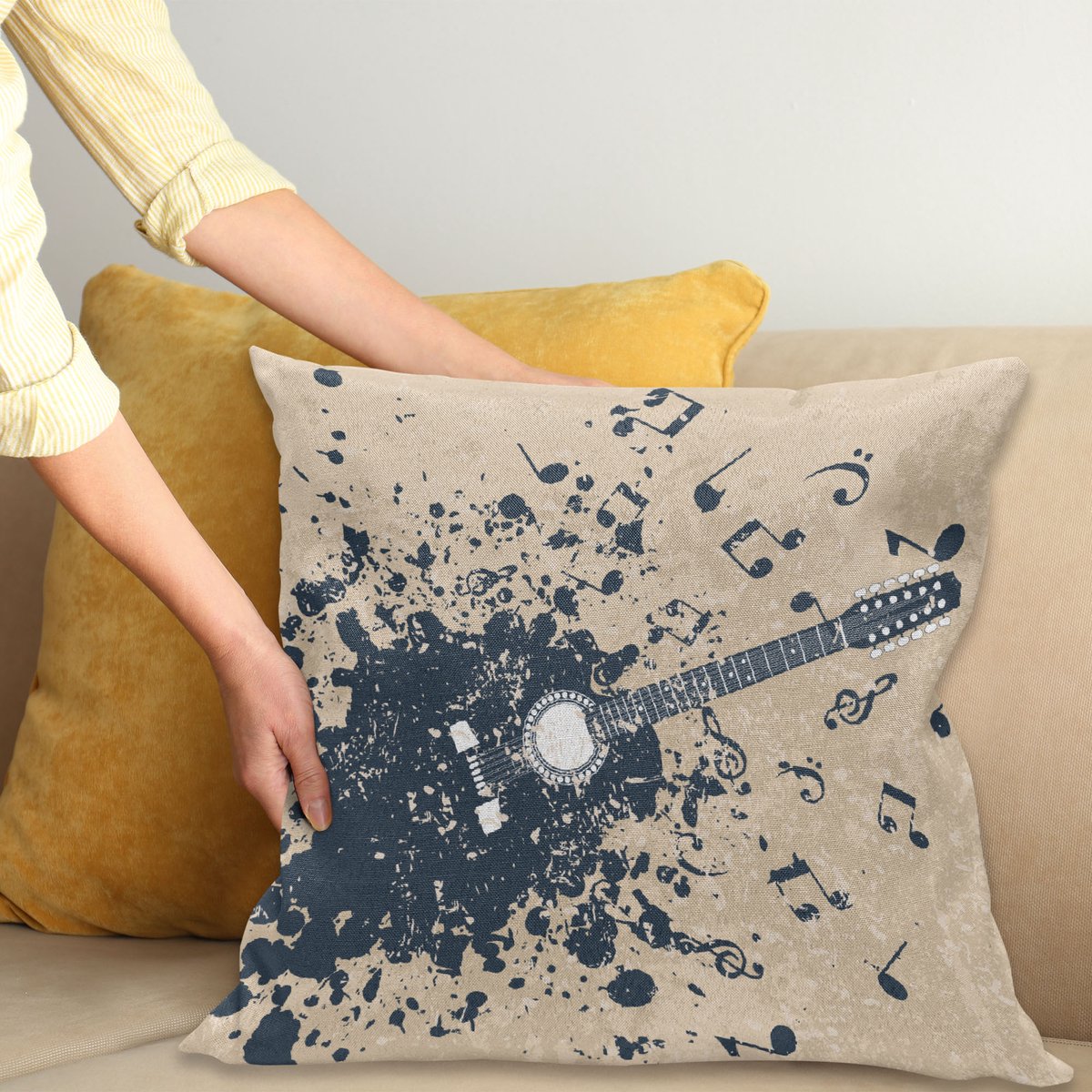 ABAKUHAUS Muziek Kussenhoes, Akustikgitarre Hinweise, Kussenhoezen met Dubbelzijdige Print Kleurecht Wasbaar en Ritssluiting, 45 x 45 cm, Beige Donkerblauw